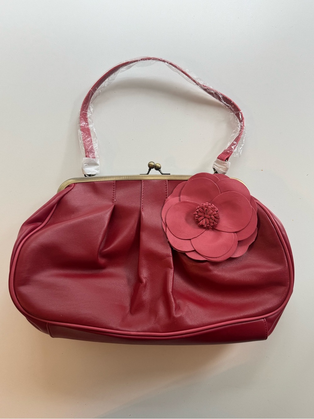 NWOT Burgundy Leather Kiss-Lock Flower & Tassel Handbag
